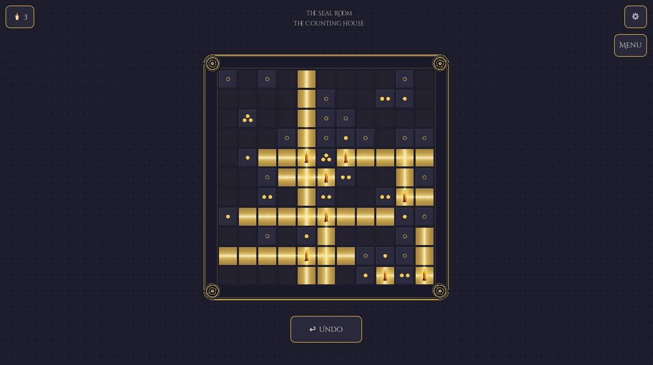 A Candlewise puzzle mid-solve, golden light beams crossing a dark grid as candles are placed