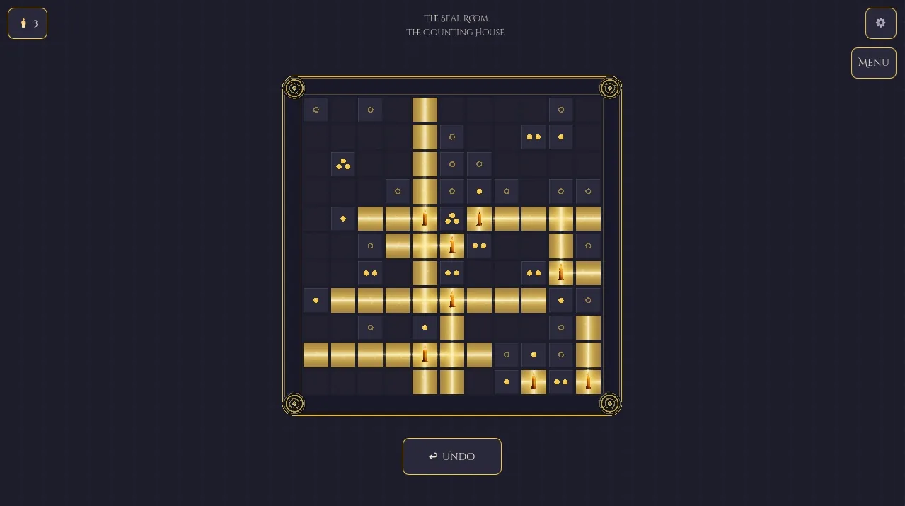 Candlewise puzzle game, golden light beams crossing a dark grid