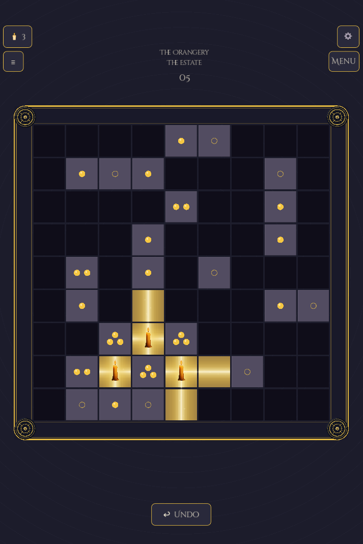 A darker Candlewise room showing the Estate chapter with candles casting warm light across the grid